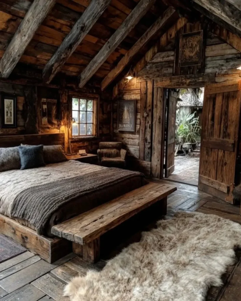 A dark wood country rustic bedroom featuring a low wooden bed with a knit throw blanket and a large sheepskin rug on the floor.