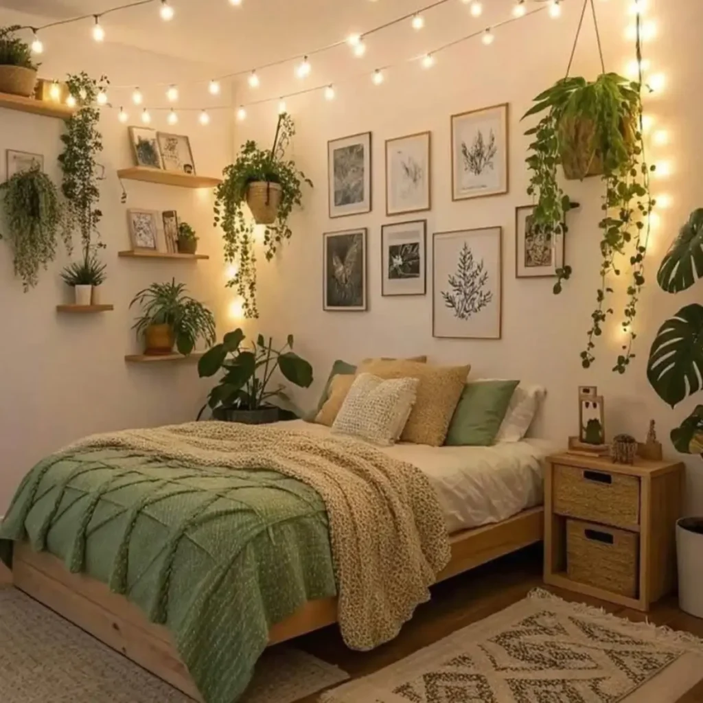 A nature bedroom design featuring a gallery wall of botanical art surrounded by cascading hanging plants and warm string lights.