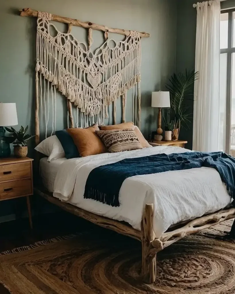 A bohemian beach bedroom with a driftwood bed, a large macrame headboard, and a view of the ocean.