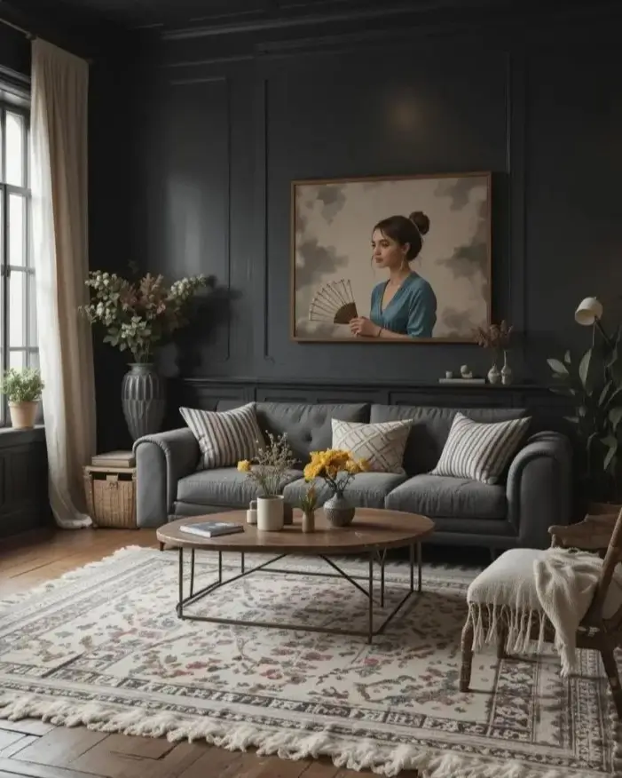 A sophisticated bohemian living room with dark walls, a gray sofa, and a large portrait providing a focal point.