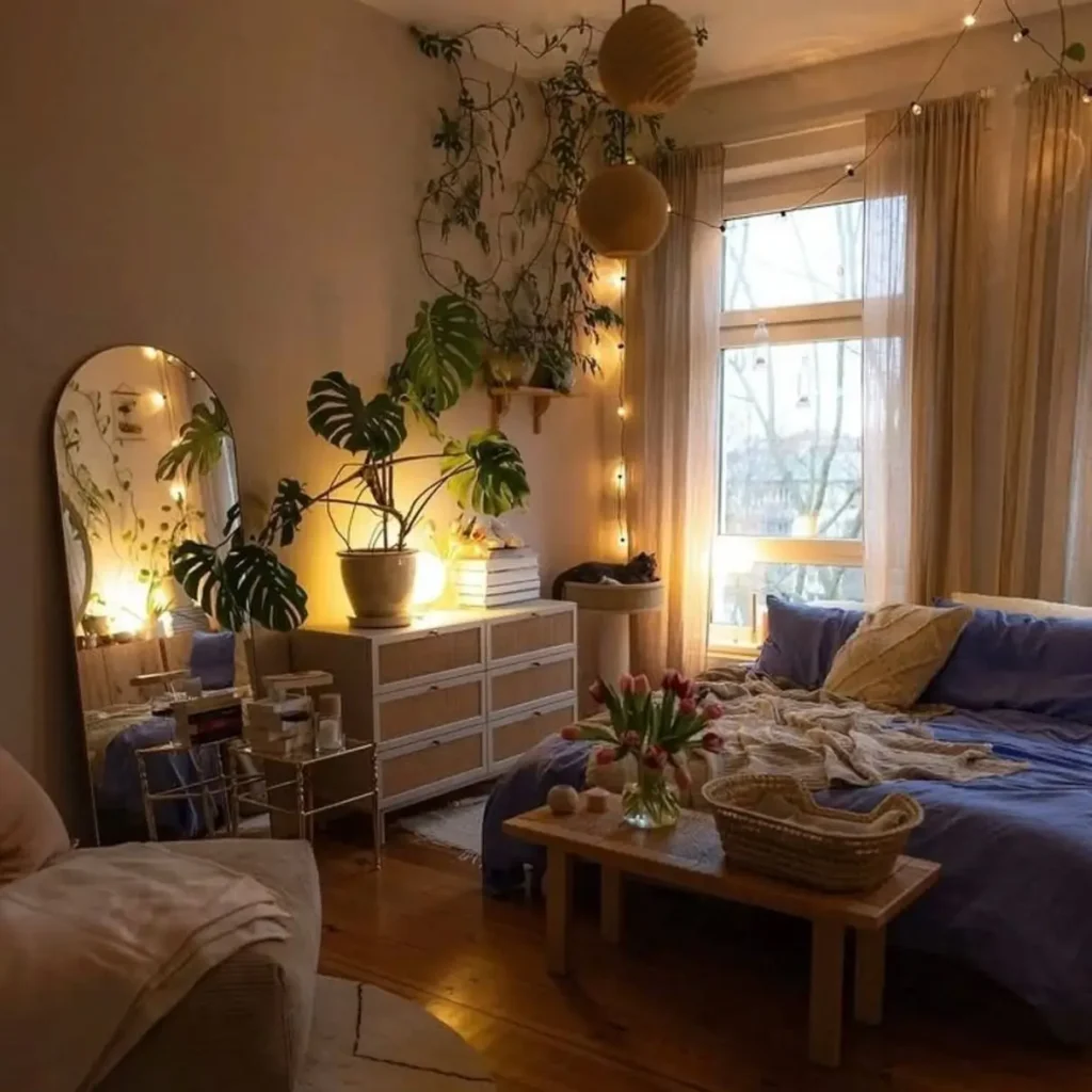 A cozy nature-themed bedroom at dusk with blue bedding, warm string lights, and a large Monstera plant.