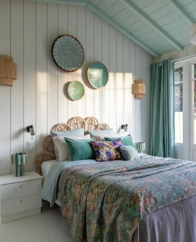 A bohemian coastal bedroom with white paneled walls, a mint green ceiling, and decorative ceramic plates above the bed.