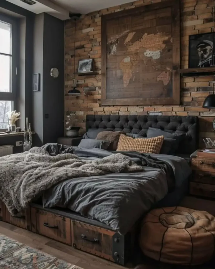 A cozy industrial rustic bedroom for couples, featuring an exposed brick wall, a dark tufted headboard, and a large wooden world map on the wall.