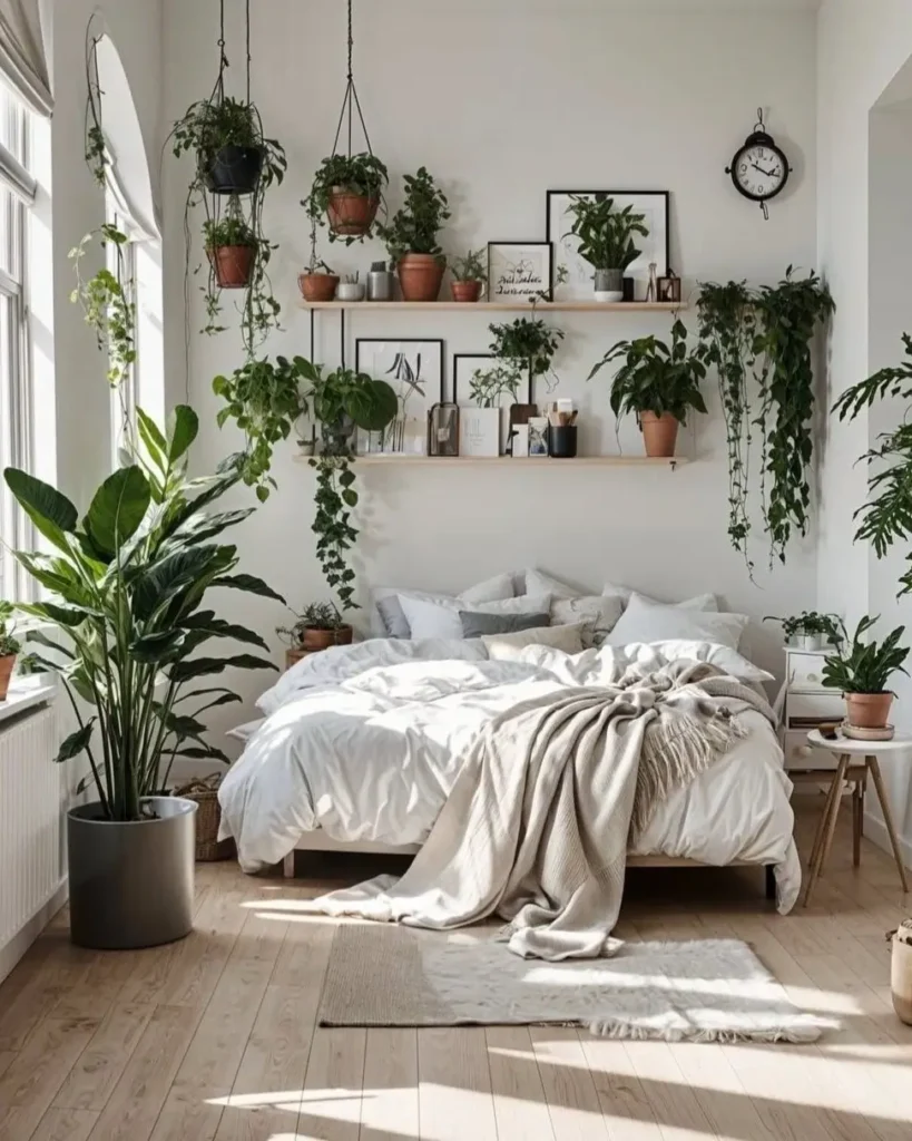 A bright, sunlit bedroom with white walls and numerous potted plants surrounding a bed with neutral bedding.