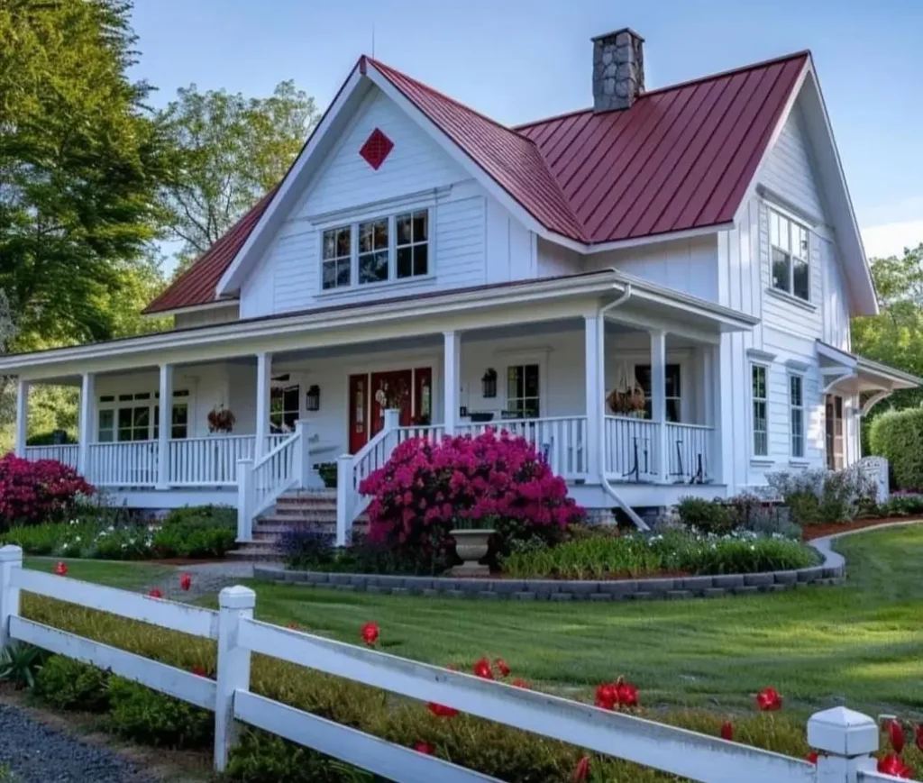 A classic white farmhouse with a vibrant red metal roof, a matching red door, and colorful flower gardens.