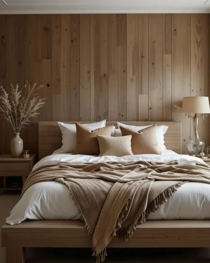 A minimalist rustic bedroom for couples with a light wood accent wall, a low-profile bed with neutral bedding, and dried grasses in a vase.