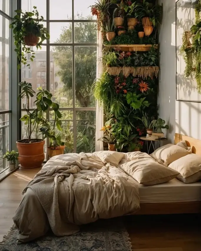 A sunlit nature bedroom featuring a large, floor-to-ceiling living wall filled with diverse plants next to the bed.