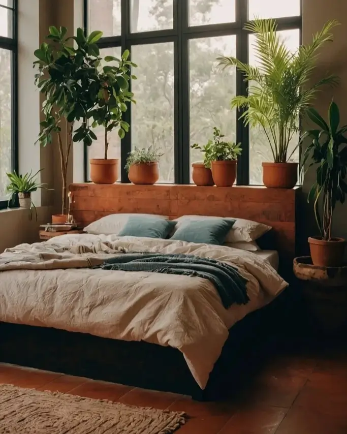 A rustic nature bedroom with a wide wooden headboard shelf lined with potted plants in front of a large window.