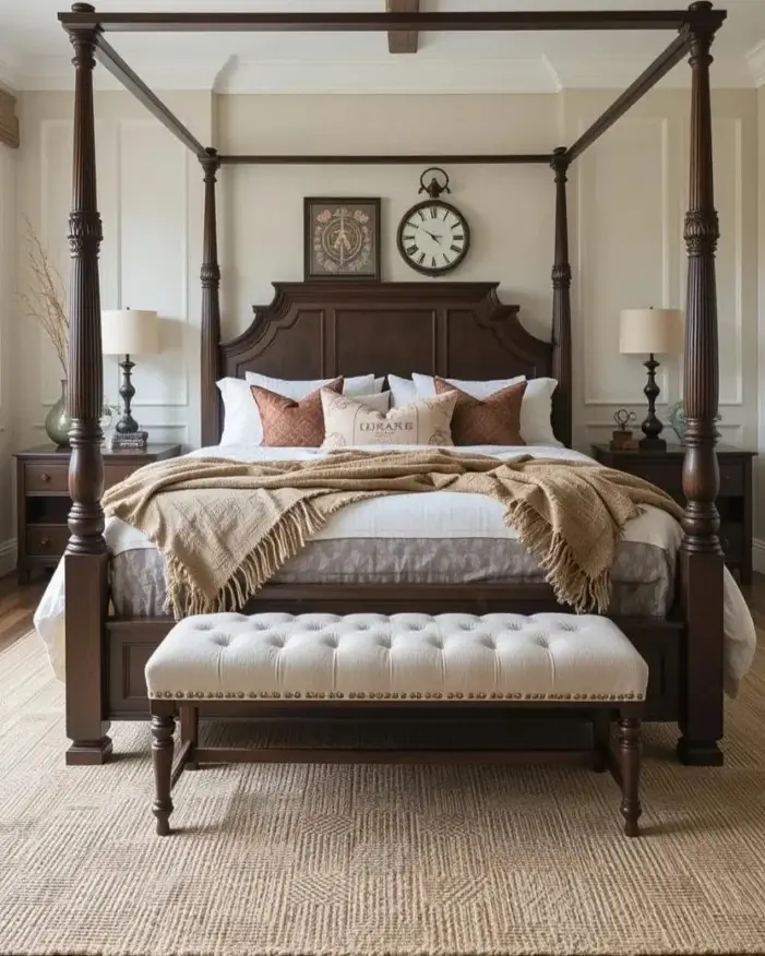 A traditional rustic bedroom featuring a dark wood four-poster bed, a tufted bench, and a single exposed wood beam on the ceiling.