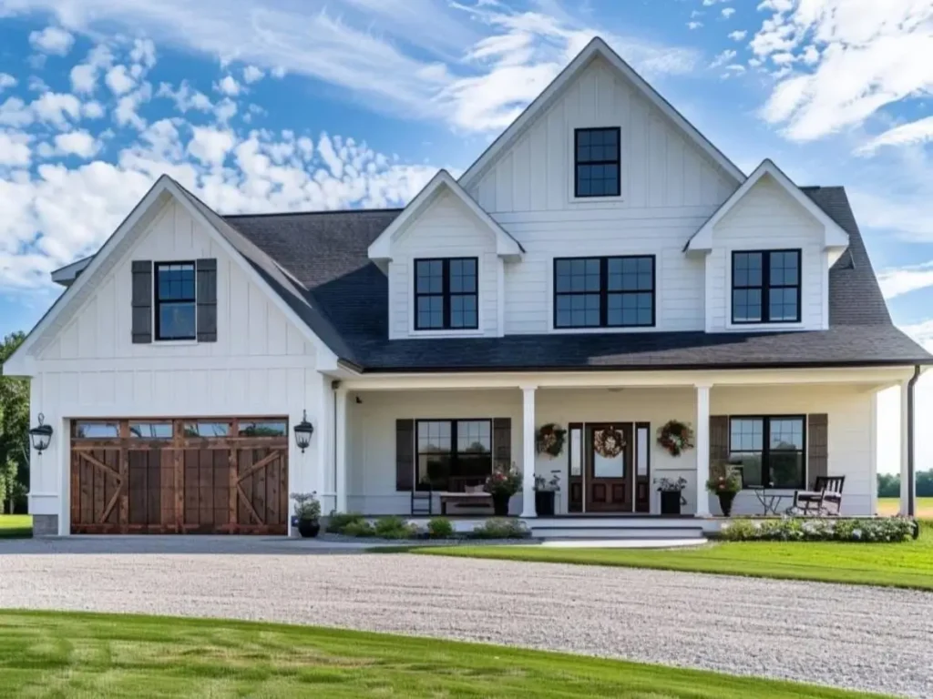 A modern white farmhouse with rustic wooden barn-style garage doors, set against a bright blue sky with clouds.