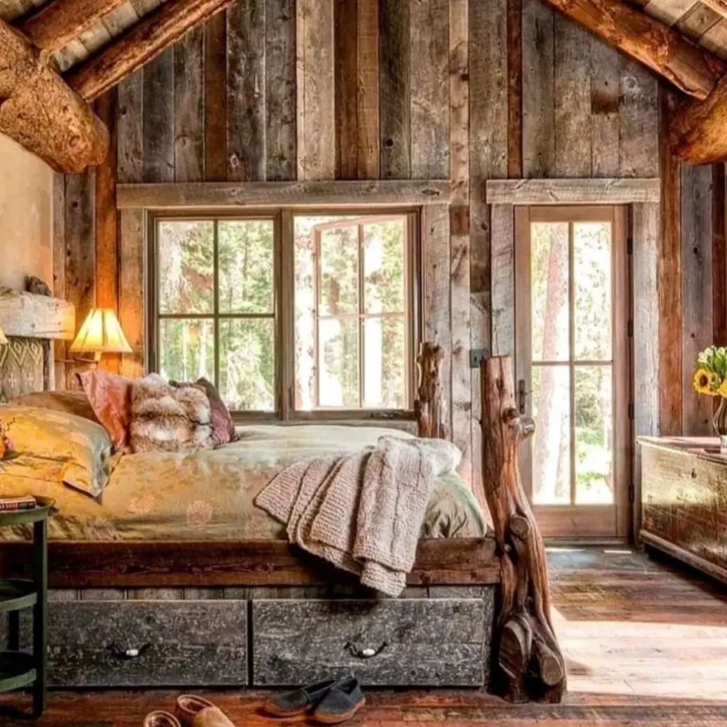 A country rustic bedroom with reclaimed wood walls, a bed with a unique tree-branch post, and large windows letting in natural light.