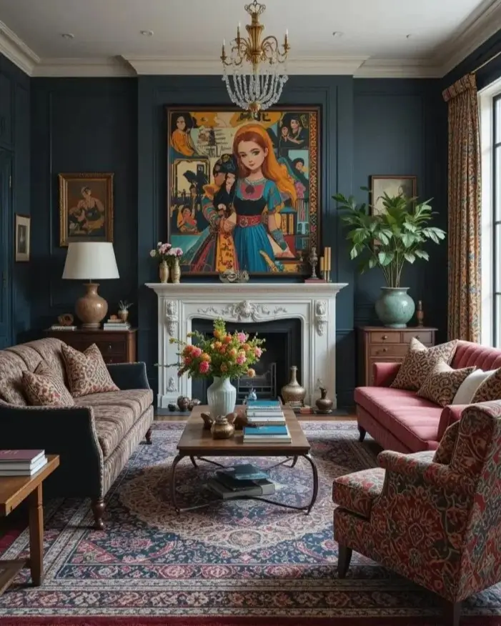 An eclectic living room with dark blue walls, a statement art piece above a fireplace, and mismatched patterned sofas.