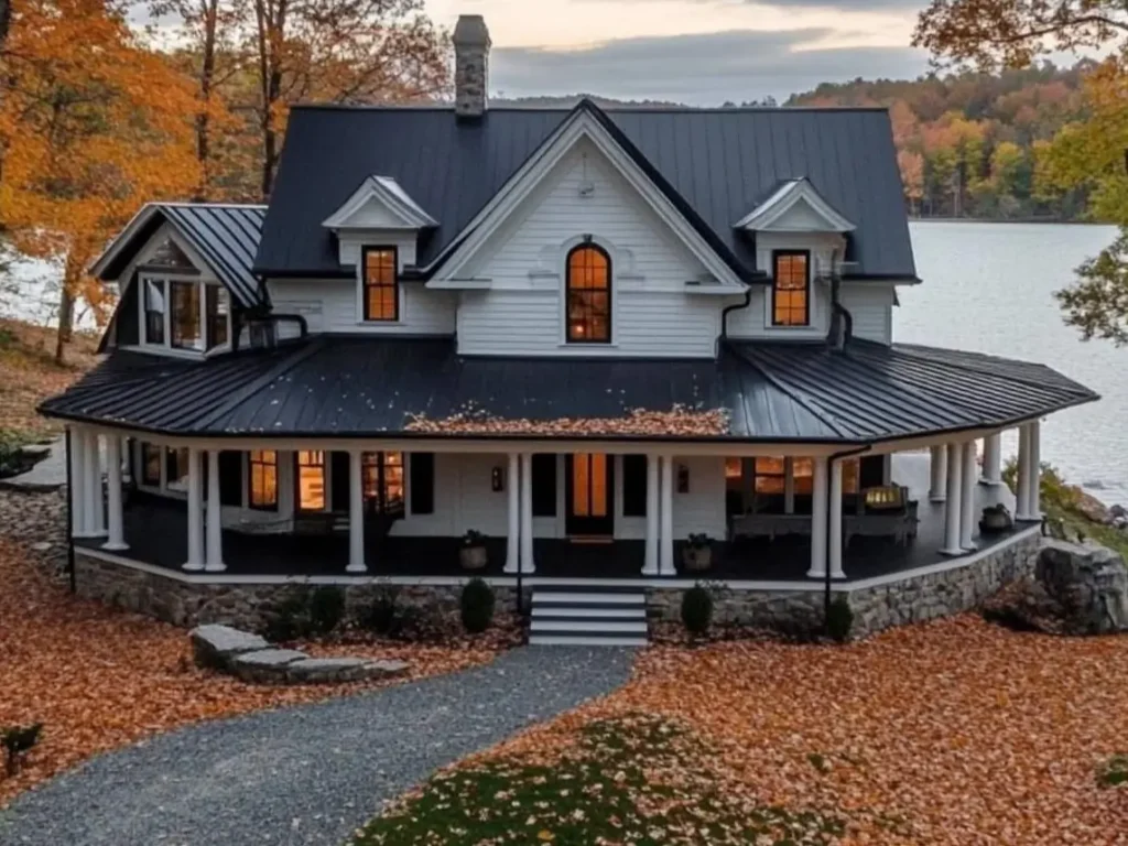 An elegant white farmhouse with a stone porch foundation and arched windows, surrounded by autumn trees by a lake.