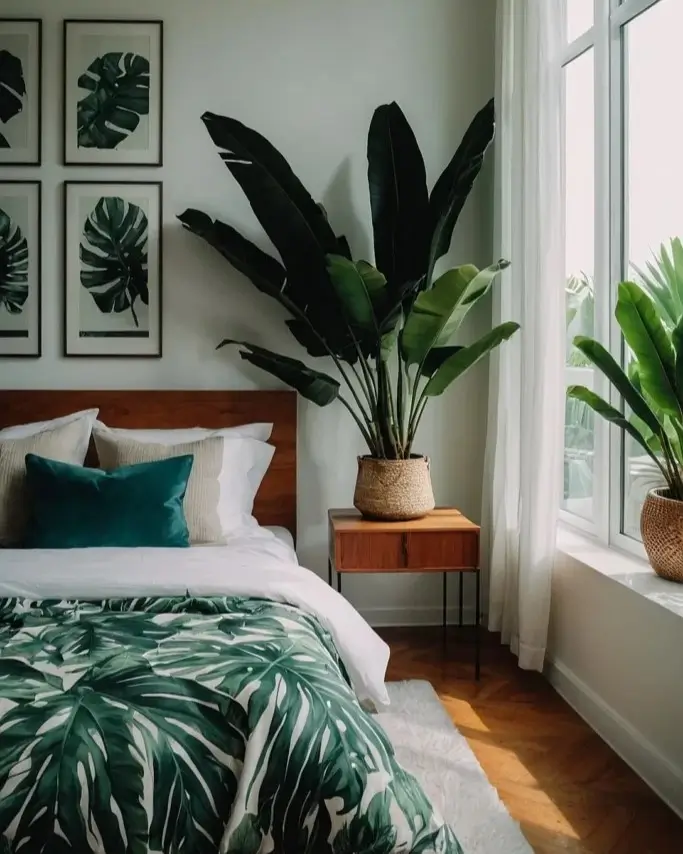 A chic nature bedroom with a tropical leaf-print duvet that matches the four framed prints on the wall above.