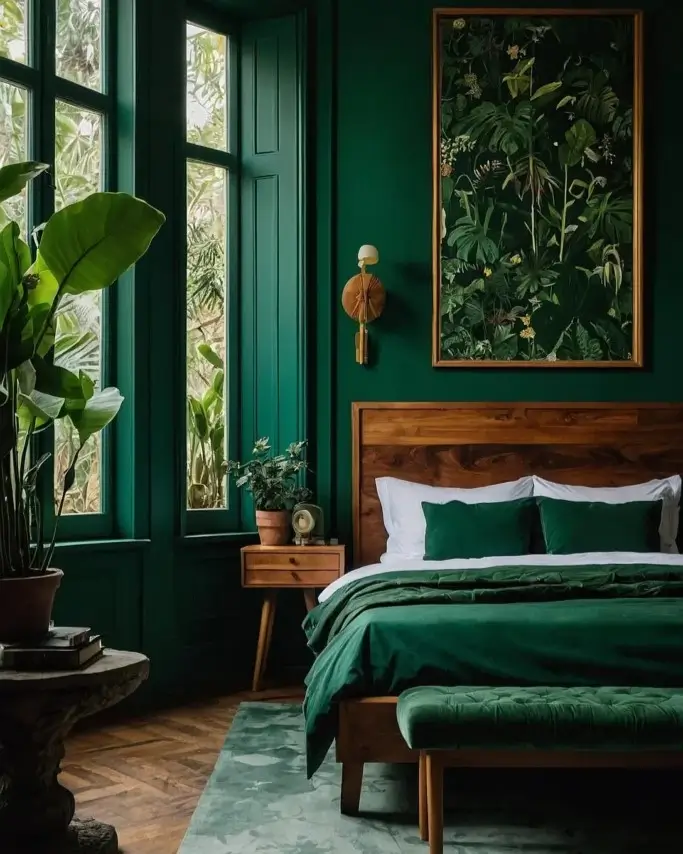 An elegant dark green nature bedroom featuring a large framed botanical painting above a wooden bed with green velvet bedding.