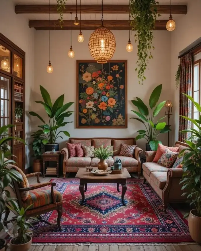 A rustic bohemian living room with exposed wood beams, a large floral painting, and a vibrant red patterned rug.
