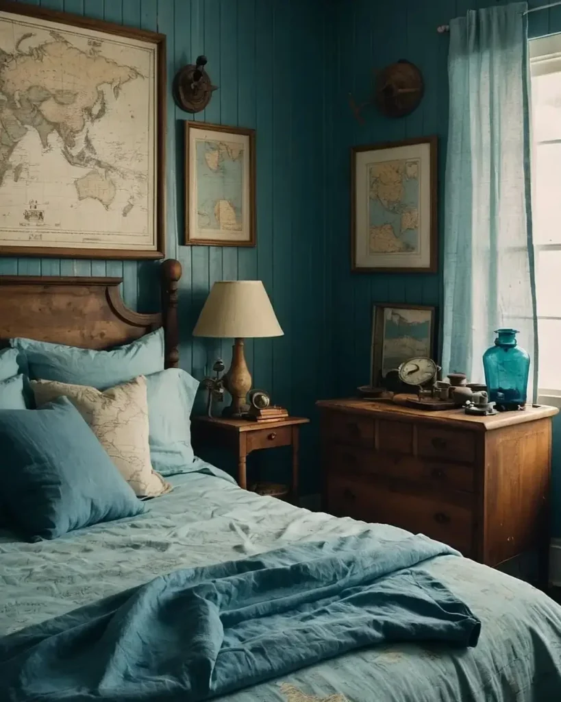 A vintage maritime themed bedroom with dark teal walls, a collection of framed maps, and a wooden bed.