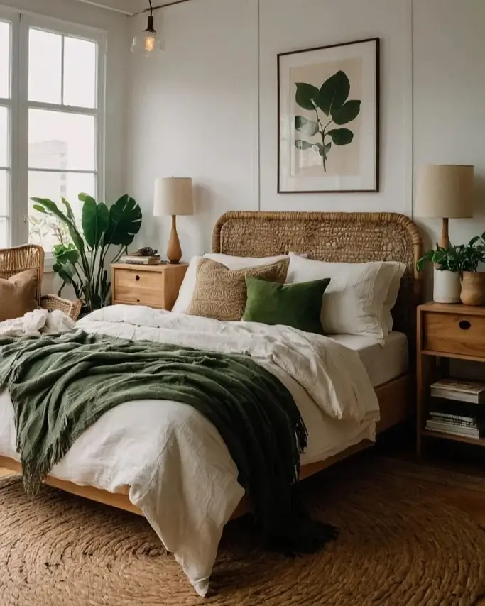 A bright nature-inspired bedroom with a woven headboard, a large botanical art print, and a round jute rug.