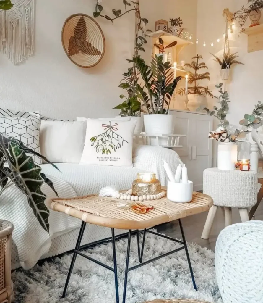 A bright bohemian living room with a white sofa, rattan coffee table, and soft textures creating a serene atmosphere.