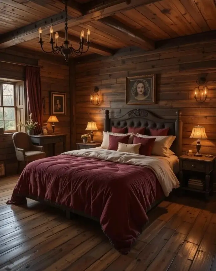 A traditional country rustic bedroom for couples with dark wood walls, a bed featuring a rich red comforter, and a classic chandelier.