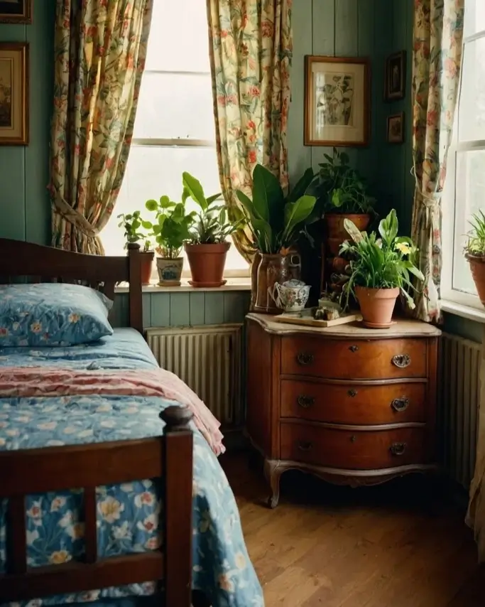 A charming cottage-style bedroom with mixed floral print curtains and bedding, antique furniture, and green walls.