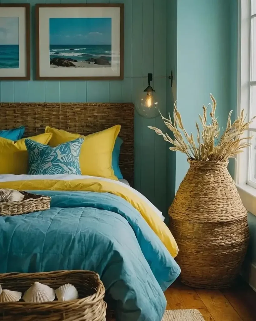 A vibrant beach themed bedroom with teal walls, a woven headboard, and bright yellow and blue bedding.