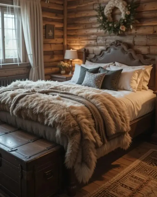 A cozy rustic log cabin bedroom featuring a bed with a traditional headboard, a large fur throw, and a vintage chest at the foot.