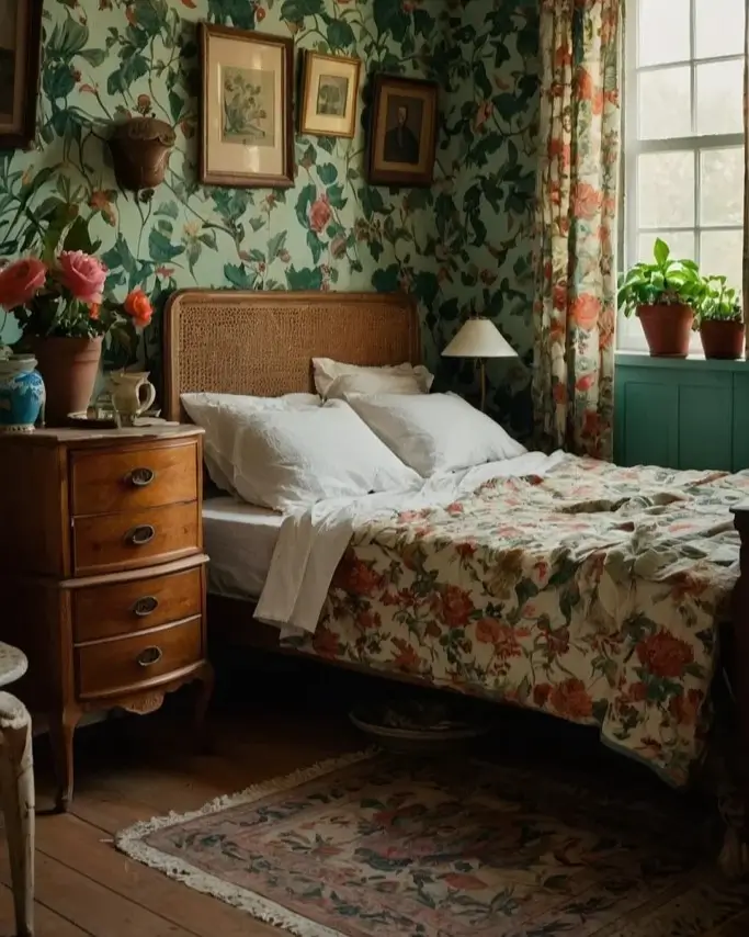 A cozy cottage-style bedroom with matching floral wallpaper and bedding, a cane headboard, and antique furniture.
