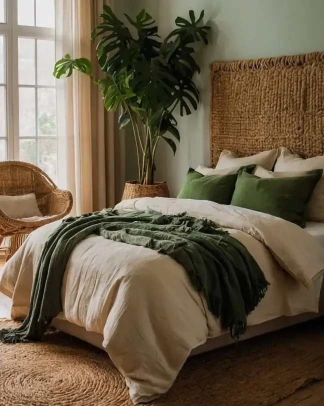 A serene nature bedroom with a large woven headboard, sage green walls, and a Monstera plant.