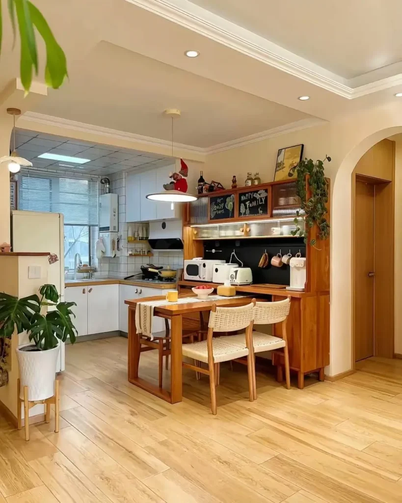 A cozy small kitchen featuring a wooden dining hutch for extra storage and appliances.