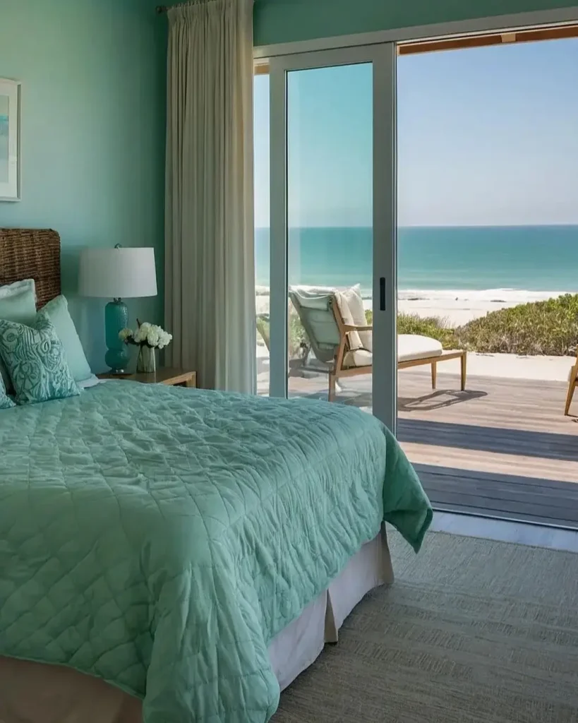 A tranquil beach house bedroom with seafoam green walls and a sliding glass door open to an ocean view.