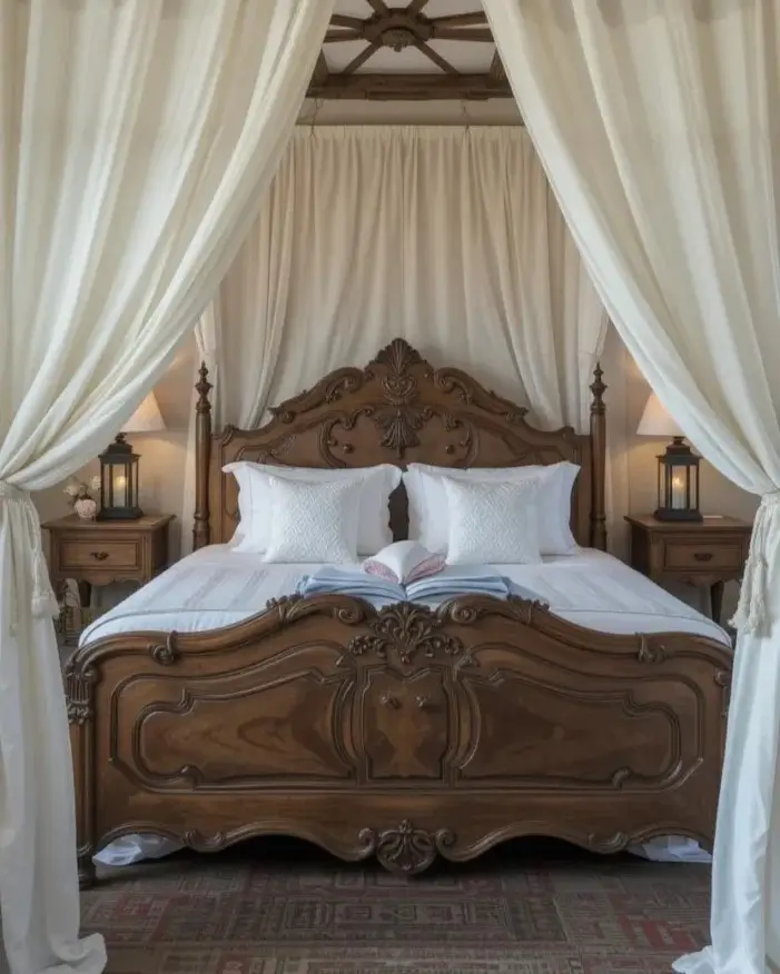 A dramatic rustic bedroom featuring an ornate carved wood canopy bed with white curtains, set against a dark wood ceiling.