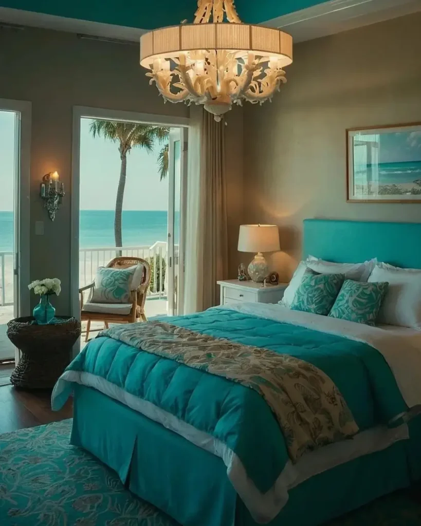 A luxury beach bedroom featuring a deep teal ceiling, a coral-motif chandelier, and a balcony overlooking the ocean.