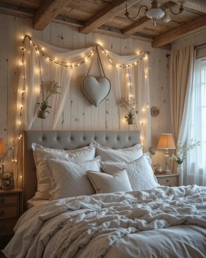A cozy rustic bedroom for couples featuring a tufted headboard with a canopy of white fabric and fairy lights above it.