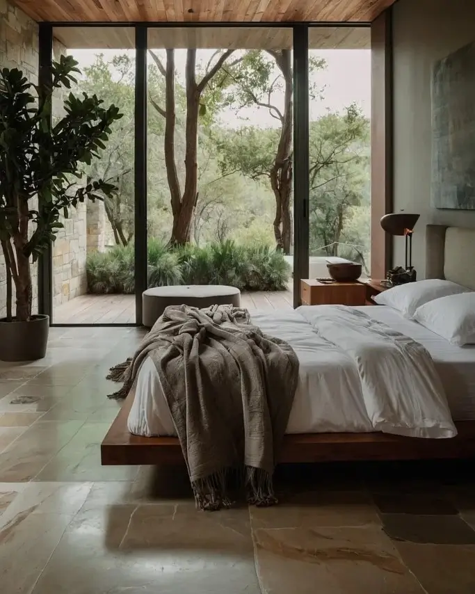 A modern nature bedroom with a wood ceiling, stone floors, and a large glass wall opening to a wooded patio.