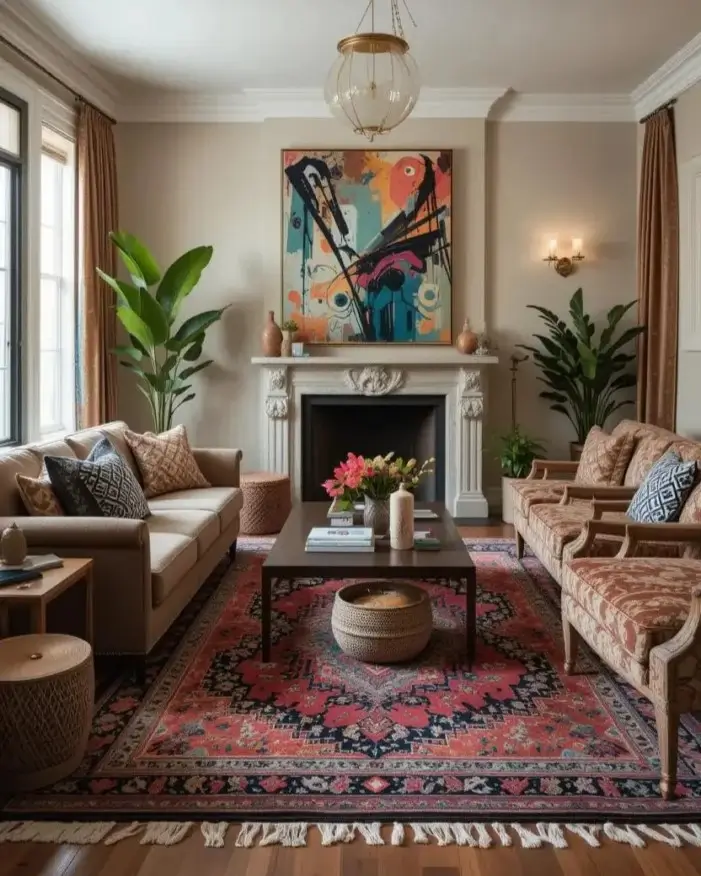 An elegant living room with a traditional fireplace, a large colorful abstract painting, and two facing sofas on a patterned rug.