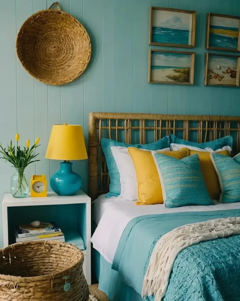 A cheerful beach themed bedroom with aqua walls, a rattan headboard, and vibrant yellow and blue accents.