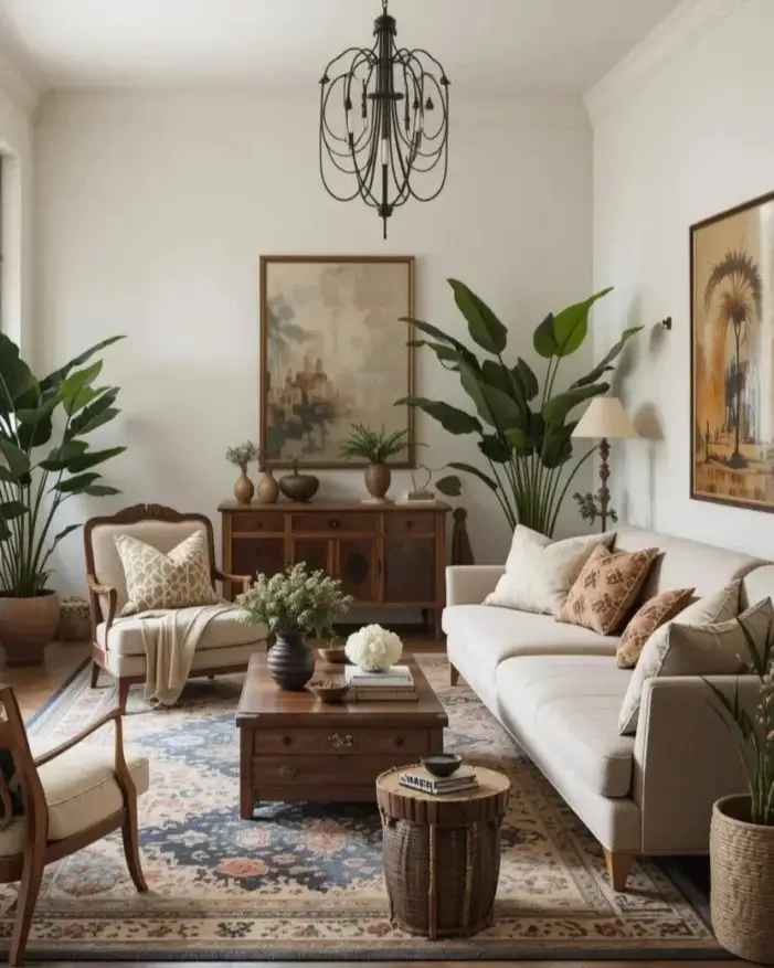 An elegant living room with a neutral sofa, classic wooden furniture, large houseplants, and a traditional patterned rug.