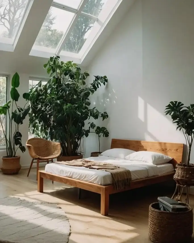A minimalist nature bedroom with a vaulted ceiling and large skylights, featuring several tall plants and a simple wooden bed.
