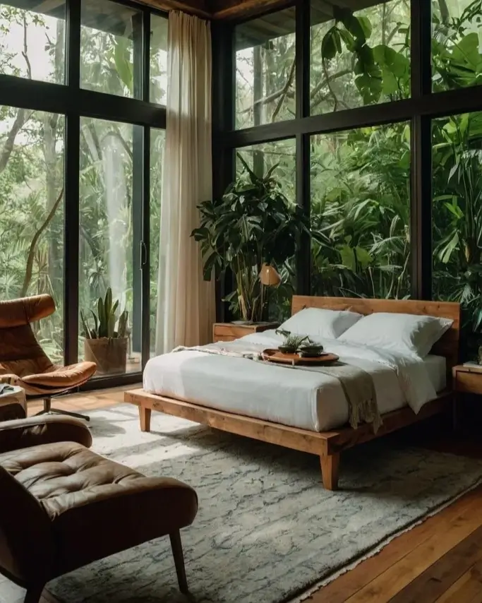 A modern nature bedroom with wood ceilings and glass walls looking out into a lush jungle.