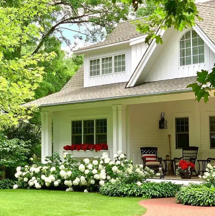 A white cottage with a covered porch, surrounded by large white hydrangea bushes and lush green trees.