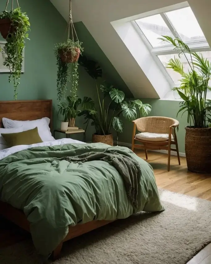 A serene attic bedroom with green walls, skylights, and numerous hanging and potted plants around a wooden bed.