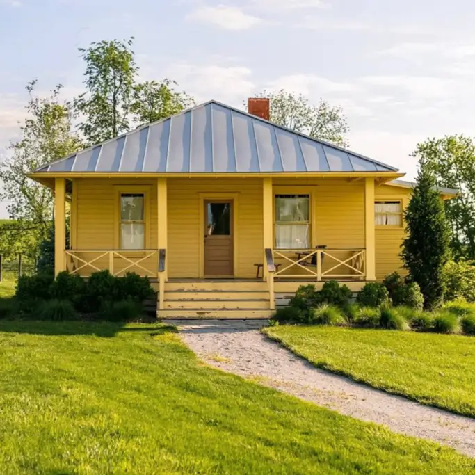 A simple yellow cottage with a metal roof and a small front porch, set in a green field with a gravel path.