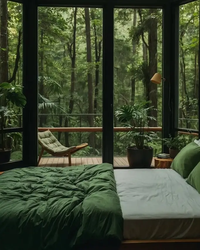 A nature bedroom with dark-trimmed windows looking directly into a green forest, with matching green bedding.