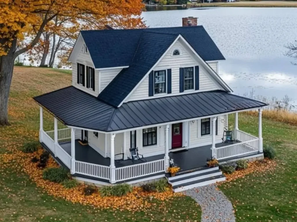A classic white farmhouse with a red front door and a dark porch, set by a lake with autumn foliage.