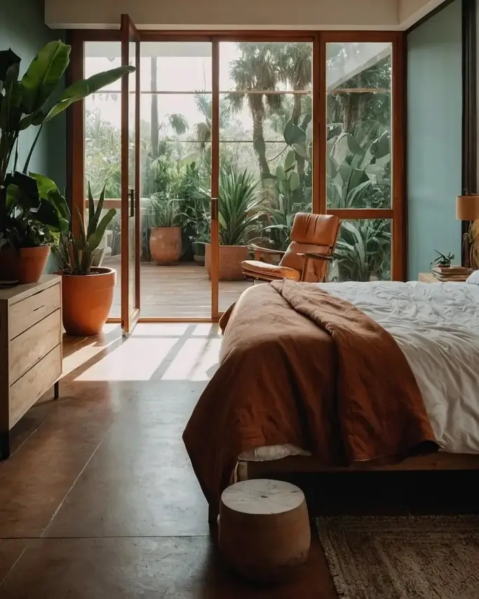 A sunlit nature bedroom with a rust-colored blanket and glass doors opening to a plant-filled terrace.
