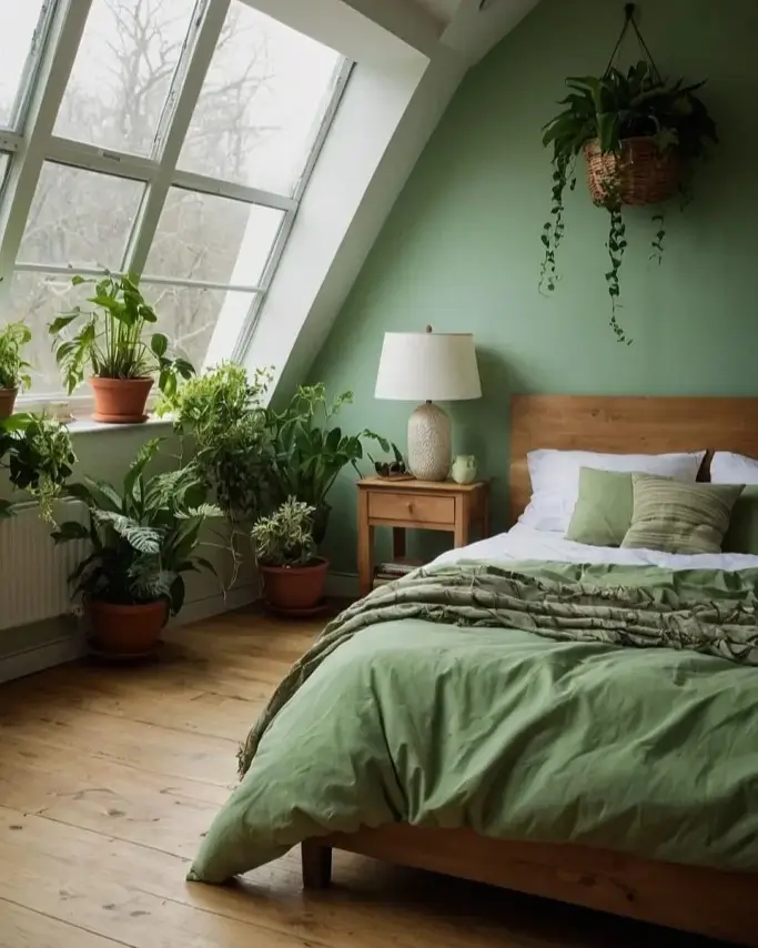 A tranquil attic bedroom with a large sloped window lined with plants and matching green walls and bedding.