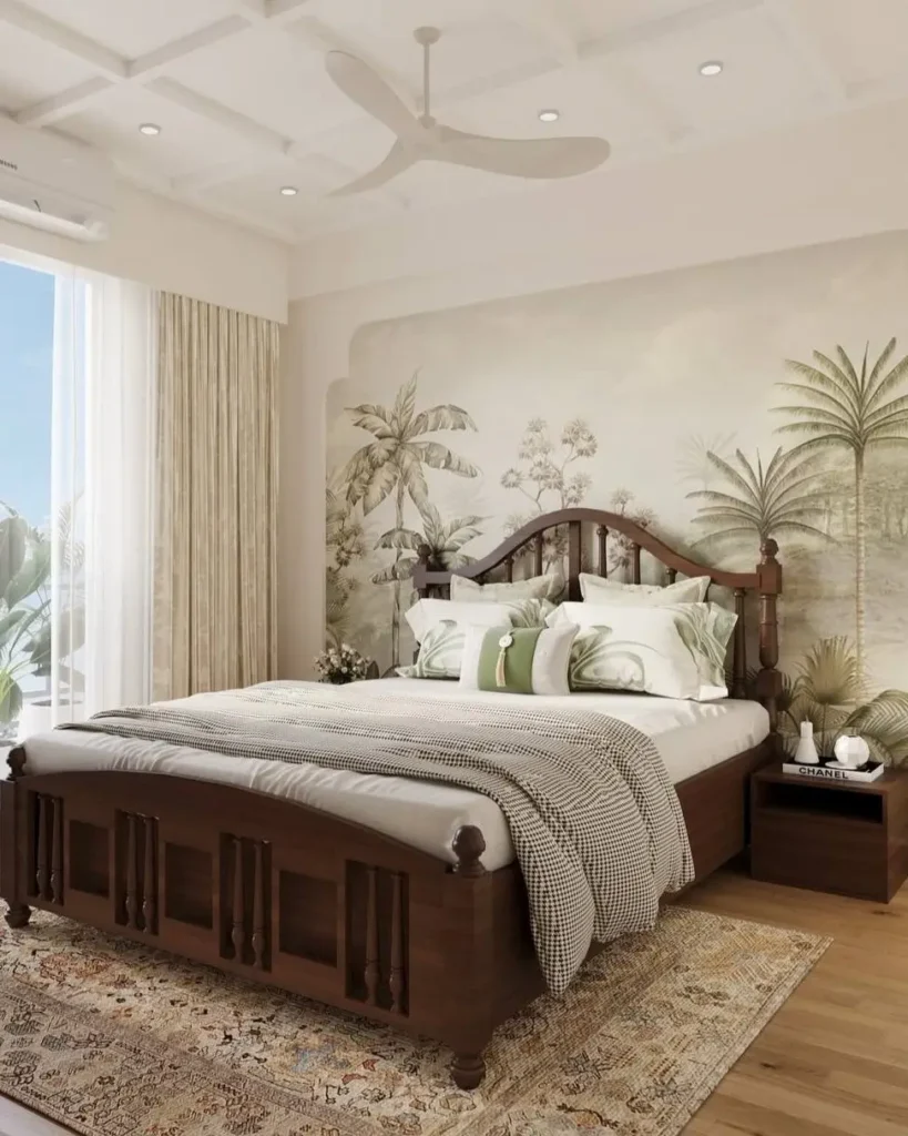 A traditional bedroom featuring a dark wood bed set against a soft, tropical palm tree wall mural.