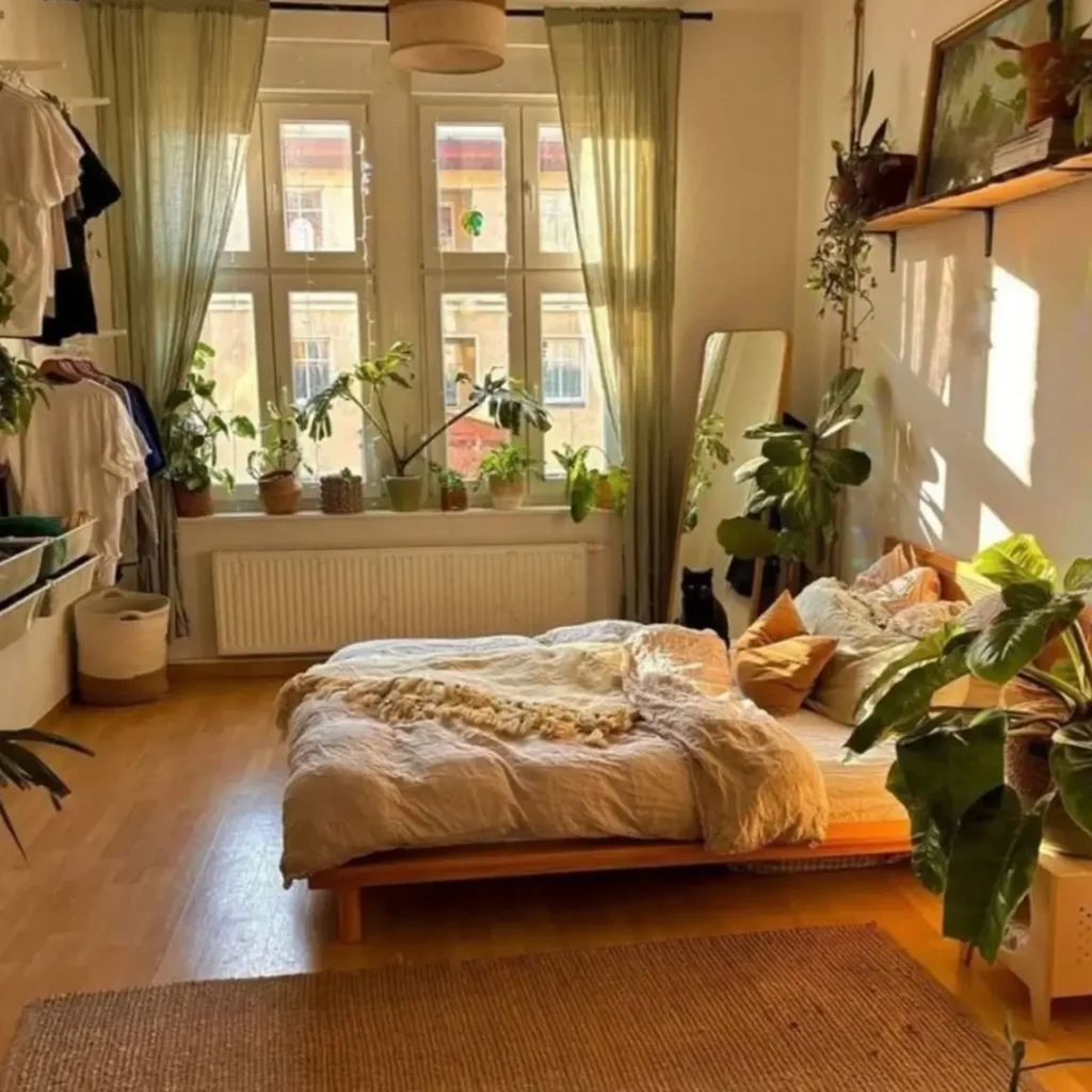 A sunlit nature bedroom with a large jute rug, a low wooden bed, and sage green curtains framing the windows.