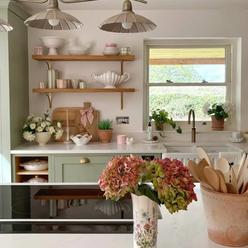A small kitchen design with sage green cabinets and curated open wood shelves.